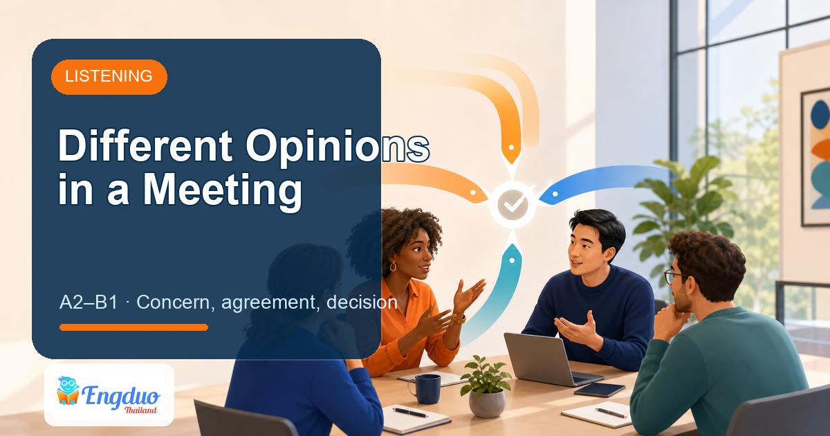 Engduo Listening Practice lesson cover for Different Opinions in a Meeting