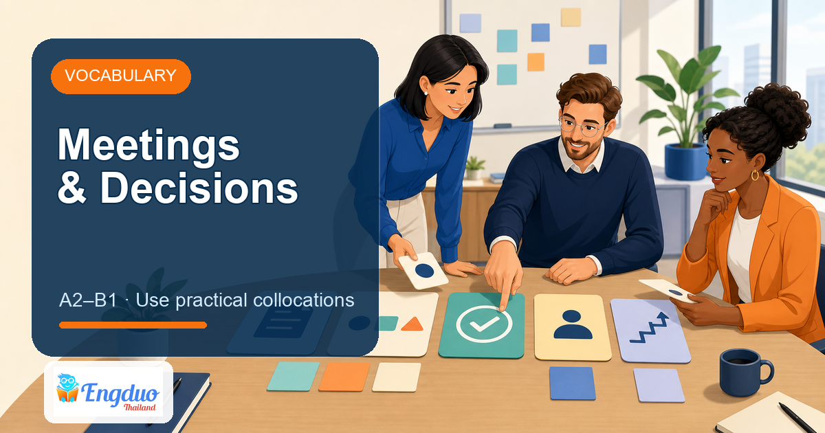 Engduo Vocabulary Builder lesson cover for Meetings and Decisions