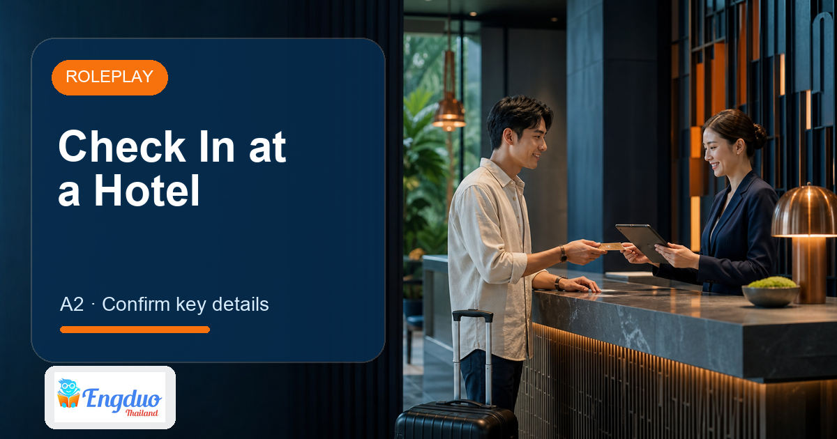 Engduo Roleplay lesson cover for Check In at a Hotel