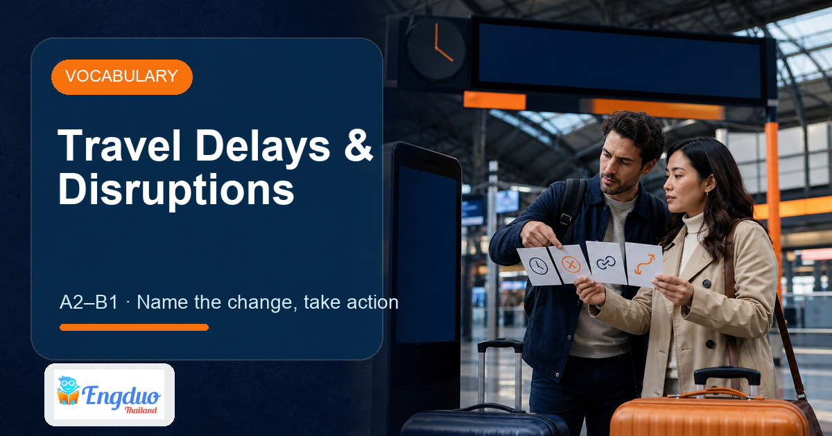 Engduo Vocabulary Builder lesson cover for Travel Delays and Disruptions