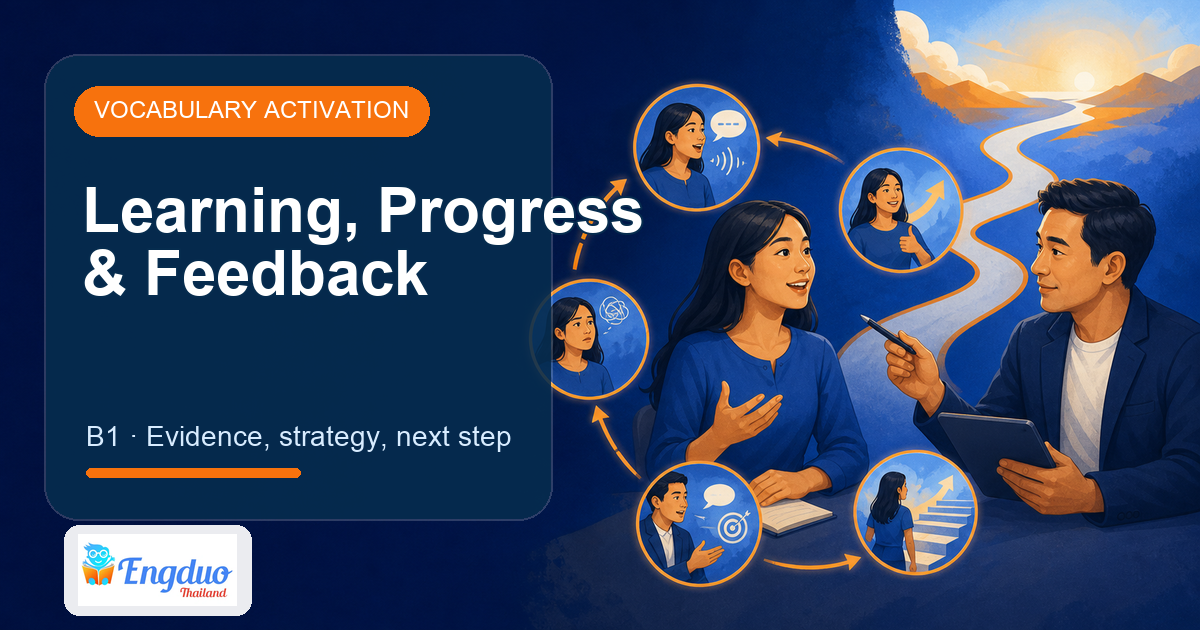 Engduo Vocabulary Builder lesson cover for Learning, Progress, and Feedback
