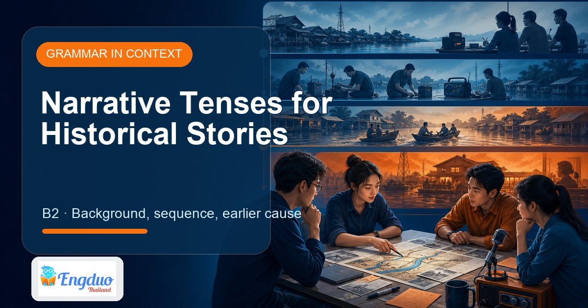 Engduo grammar lesson cover about narrative tenses for historical stories