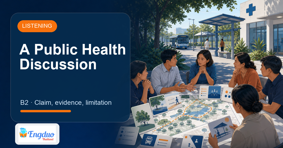 Engduo Listening Practice lesson cover for A Public Health Discussion