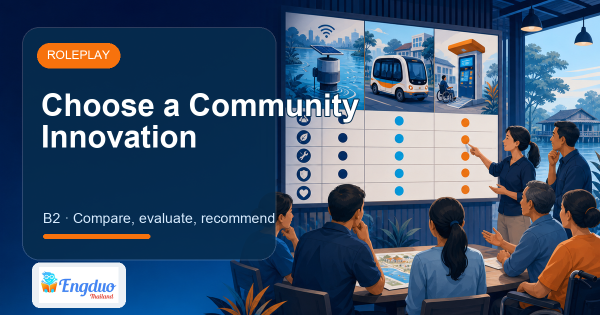 Engduo Roleplay lesson cover for Choose an Innovation for the Community