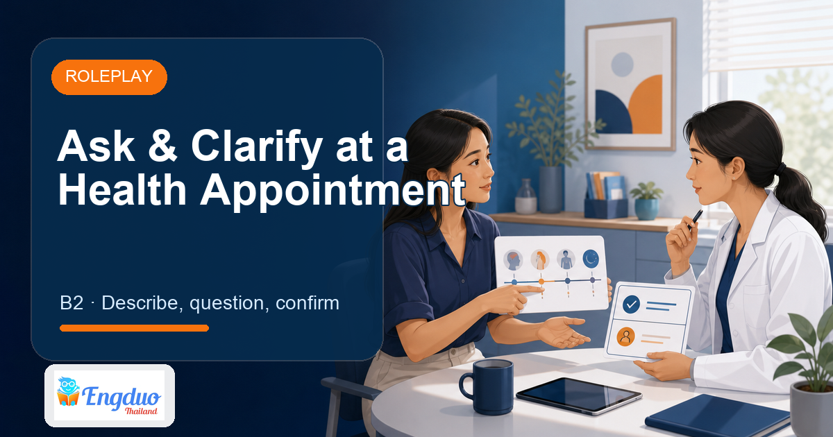 Engduo Roleplay lesson cover for At a Health Appointment: Ask and Clarify