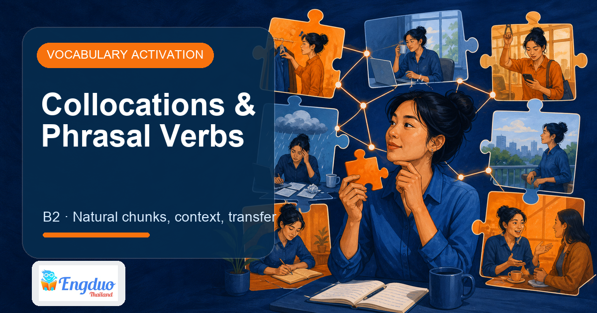 Engduo Vocabulary Builder lesson cover for Everyday Collocations and Phrasal Verbs