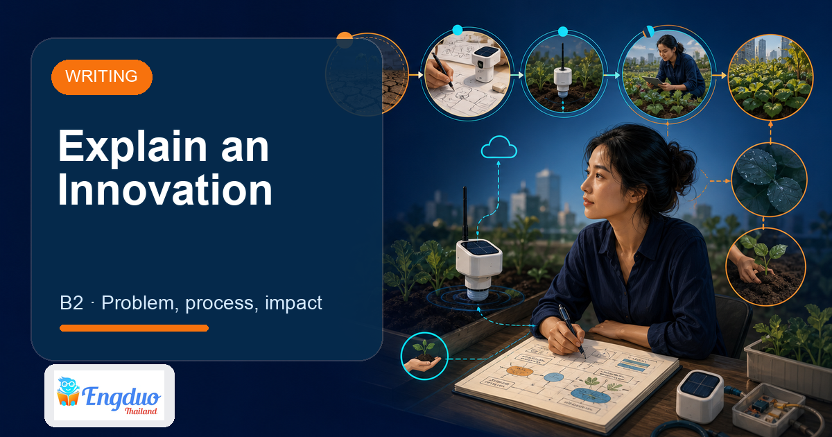 Engduo Writing Practice lesson cover for Explain an Innovation: Problem, Process, Impact