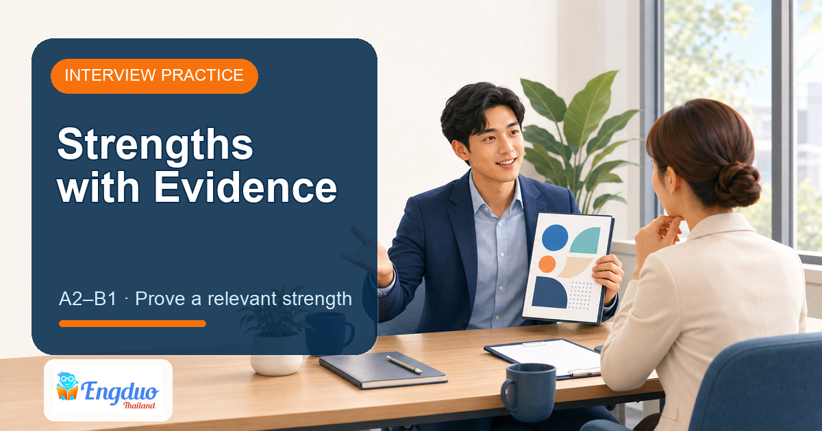 Engduo Interview Practice lesson cover for Strengths with Evidence