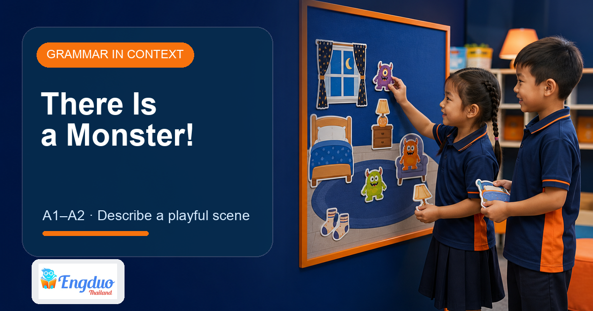 Engduo kids grammar lesson cover showing a playful monster scene