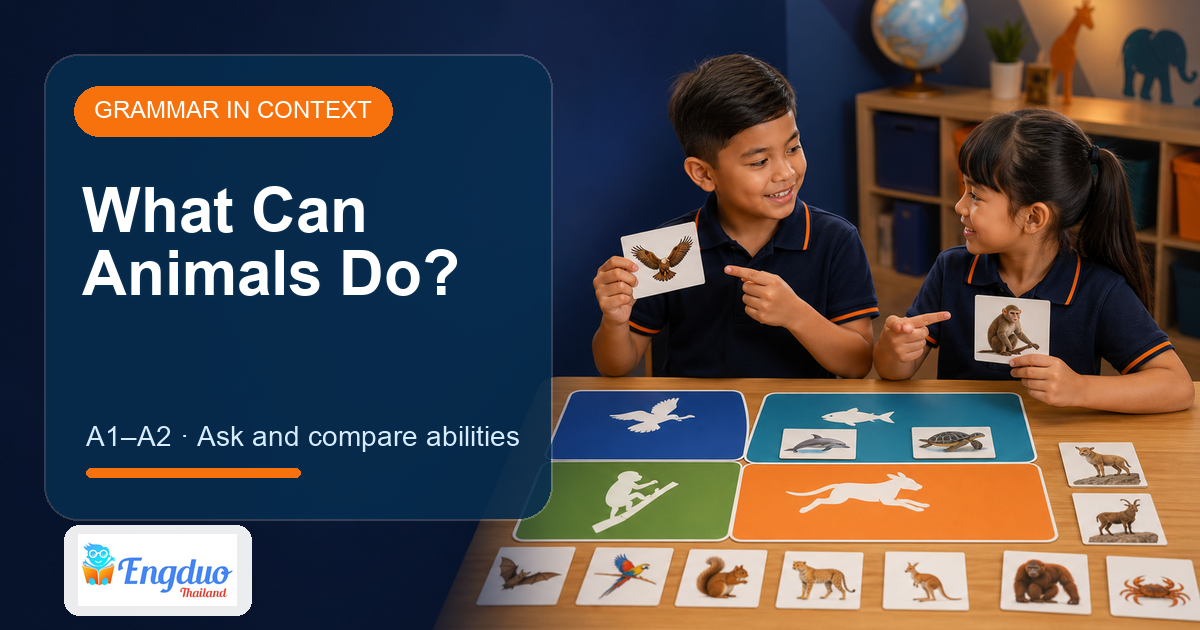Engduo kids grammar lesson cover showing animals with different abilities