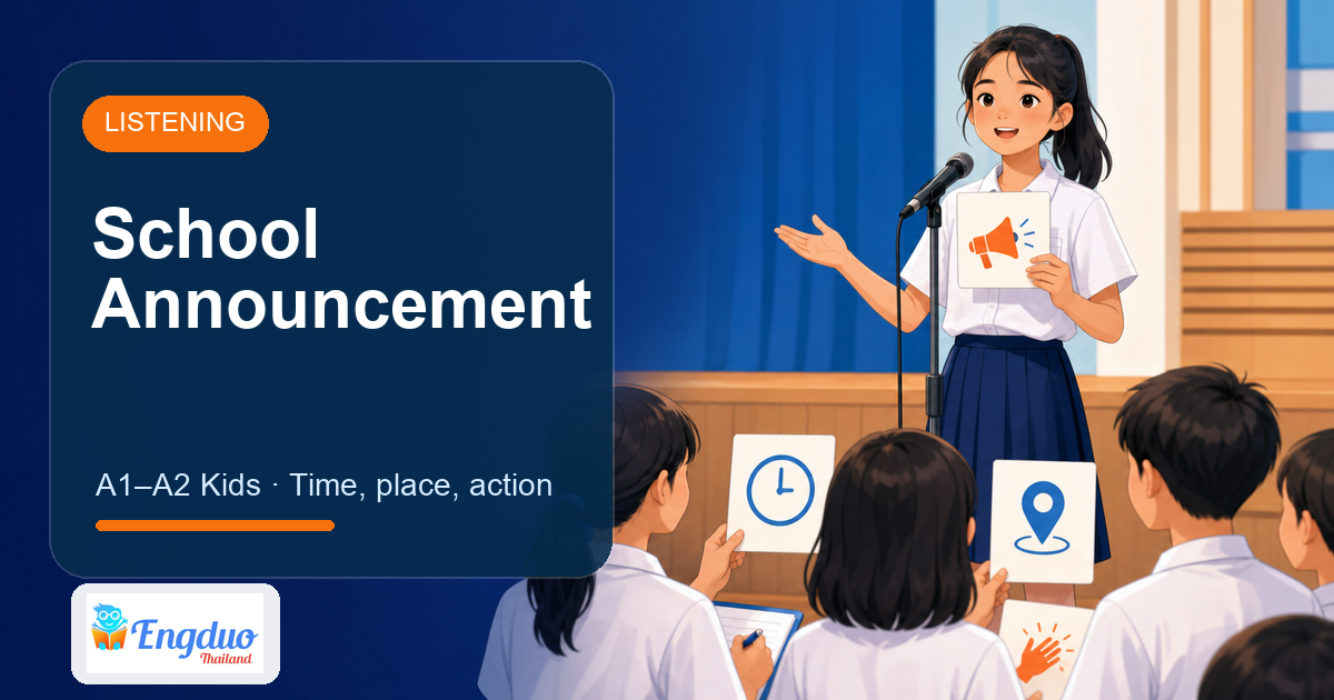 Engduo Listening Practice lesson cover for A School Announcement
