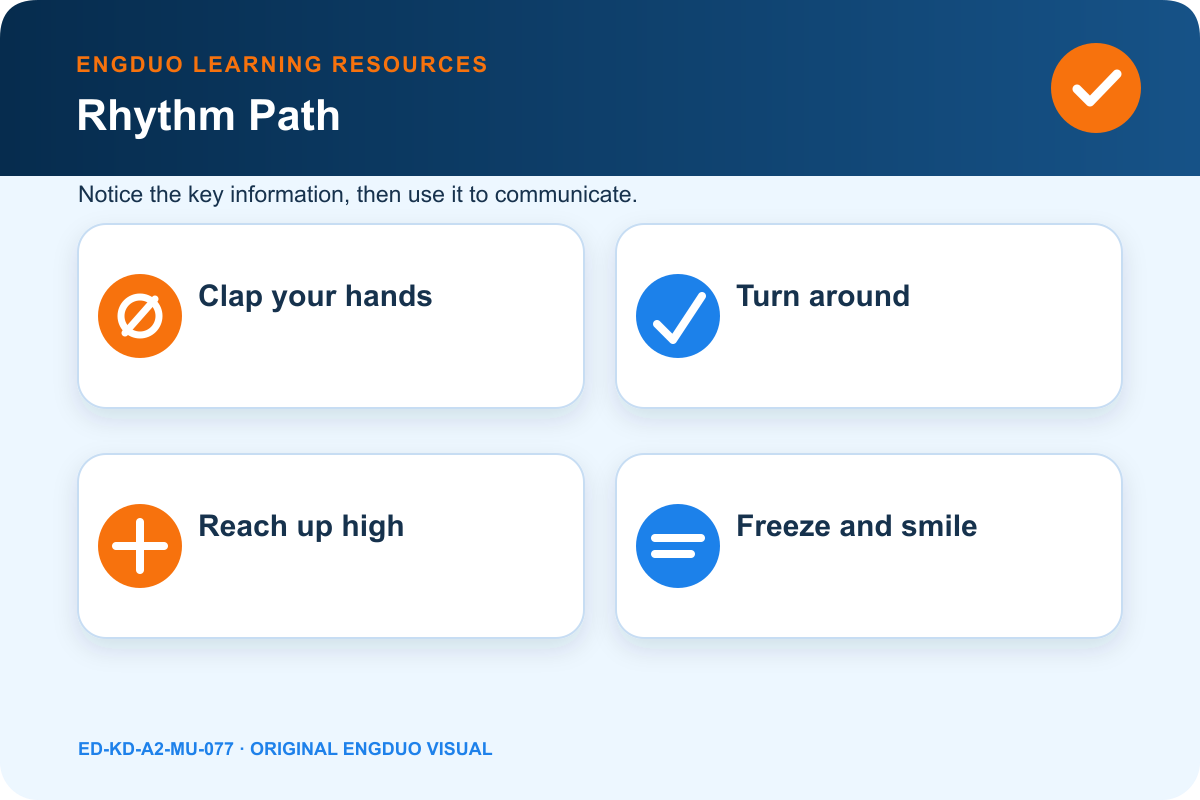 Original four-step action-beat path with clap, turn, reach, and freeze plus an accessibility choice