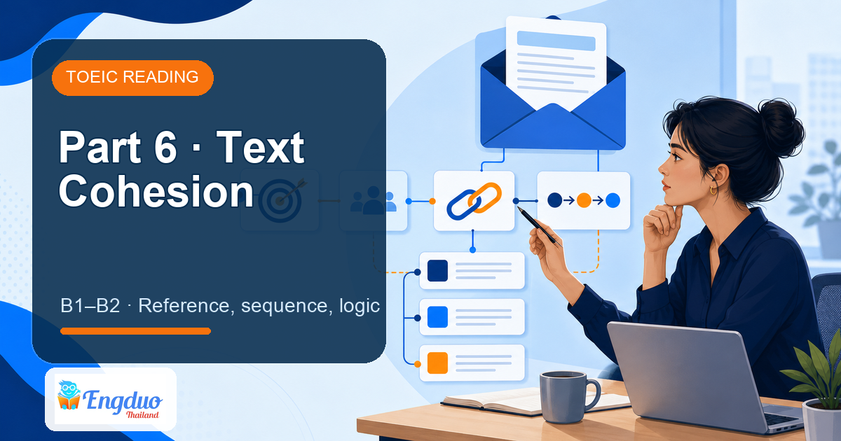 Engduo TOEIC Pilot lesson cover for Part 6: Text Cohesion