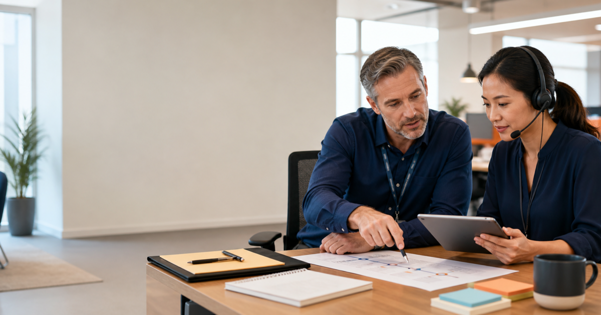 A customer-service lead and colleague review an escalated case together