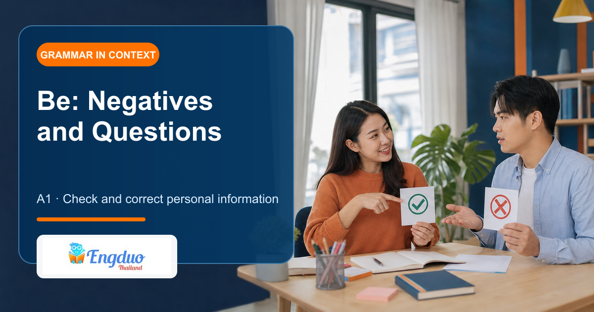 Engduo grammar lesson cover showing two learners checking and correcting personal information