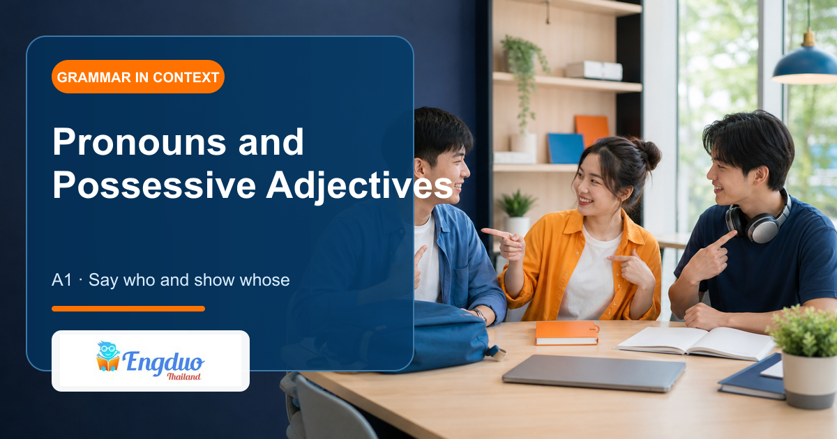 Engduo grammar lesson cover showing learners identifying people and their belongings