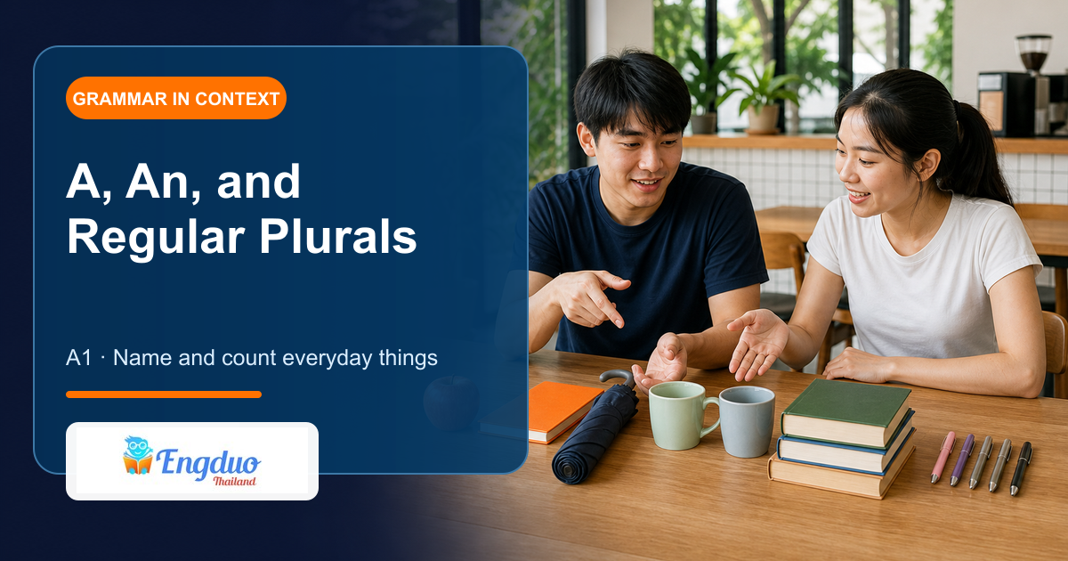 Engduo grammar lesson cover showing learners sorting and counting everyday objects