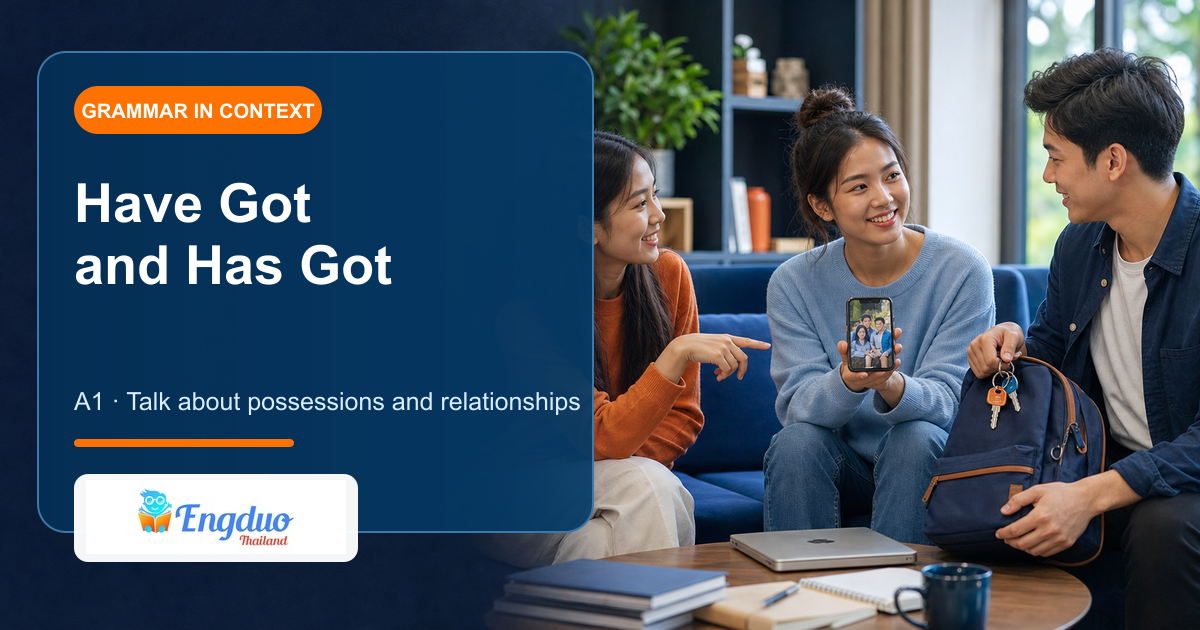 Engduo grammar lesson cover showing learners discussing belongings and family relationships
