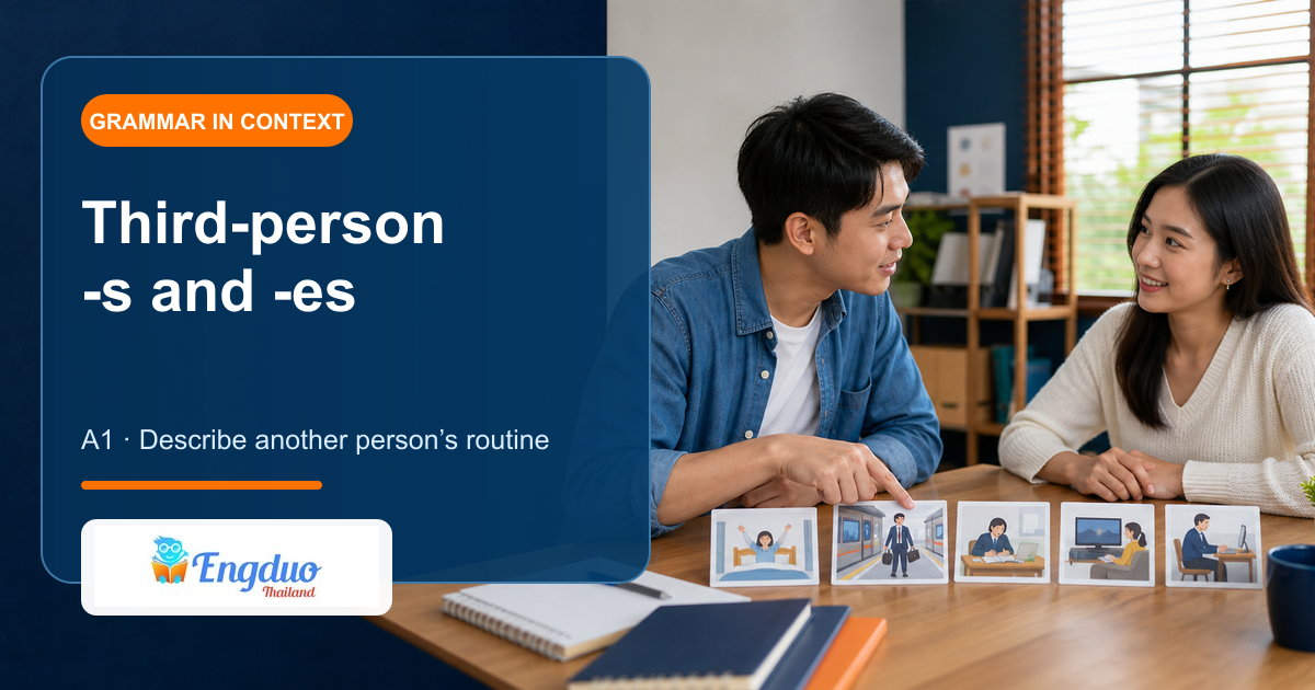 Engduo grammar lesson cover showing learners discussing another person’s daily routine