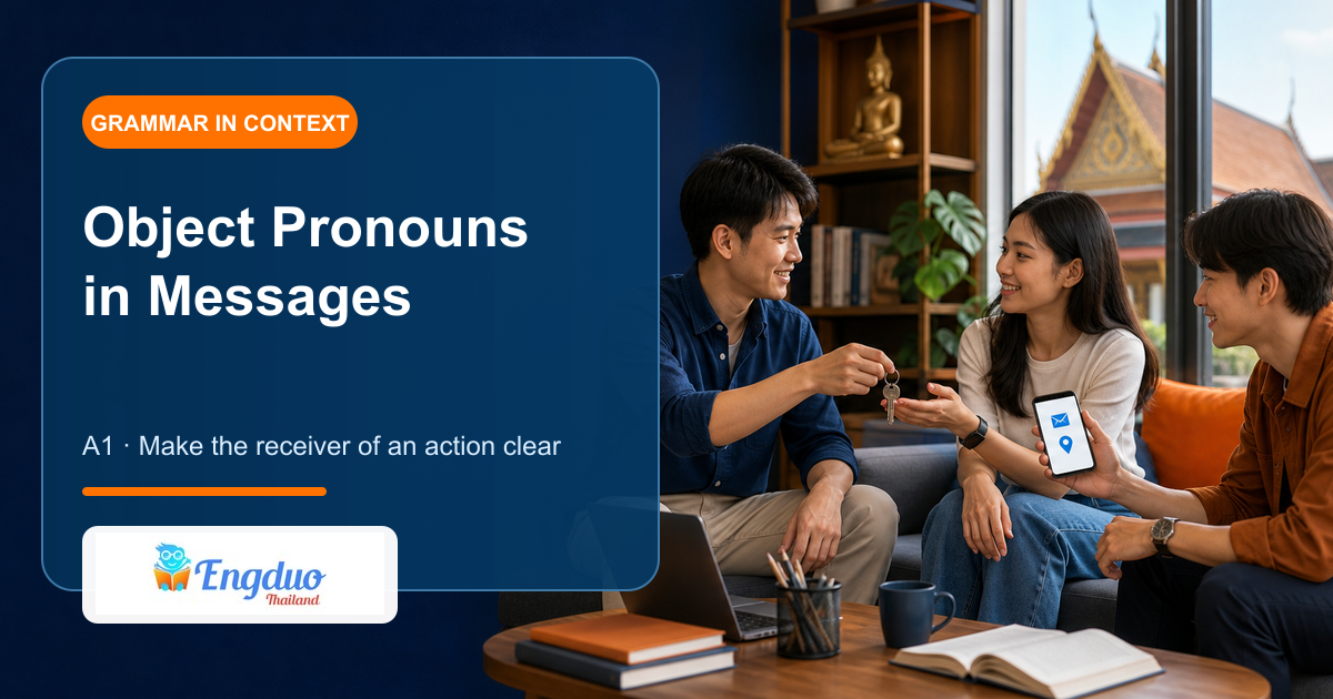 Engduo grammar lesson cover showing learners passing objects and sending everyday messages