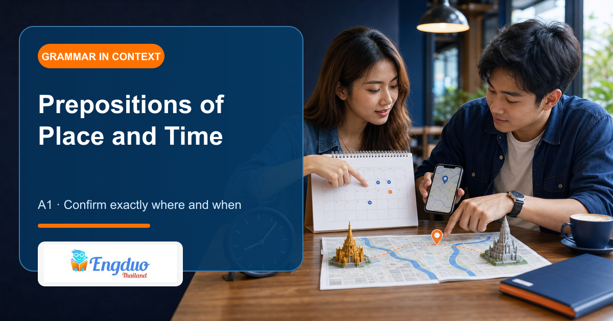 Engduo grammar lesson cover showing learners arranging a meeting with a calendar and location map