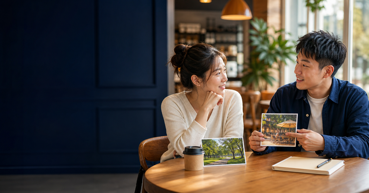 Two adult learners compare a park and a café before explaining a simple preference