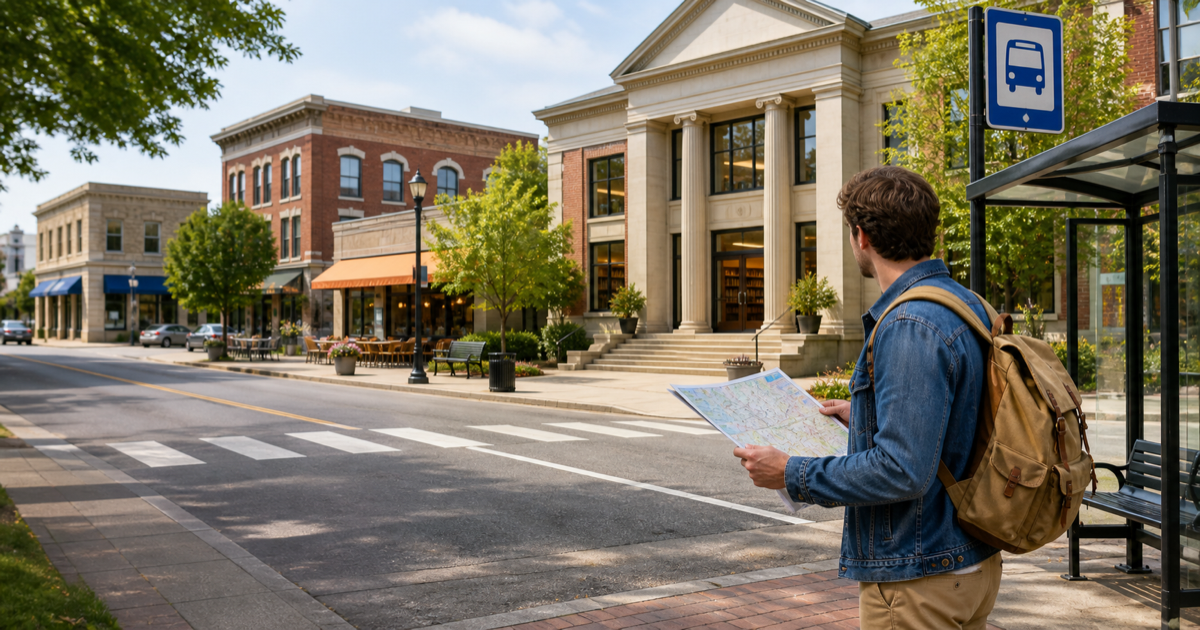 A visitor and local helper use a simple town map to find the right place