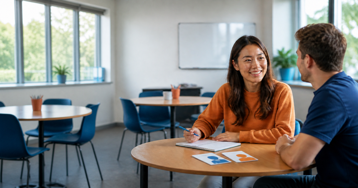 Two adult learners completing a friendly first-meeting English challenge in a classroom