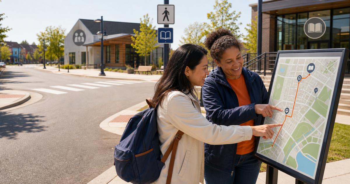 A local guide and a visitor follow a route on a town map near a library and community centre