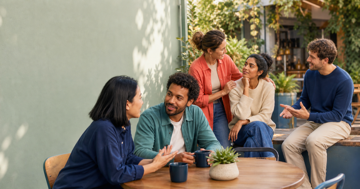 A group of adult friends talking, including one person welcoming a quieter friend into the conversation