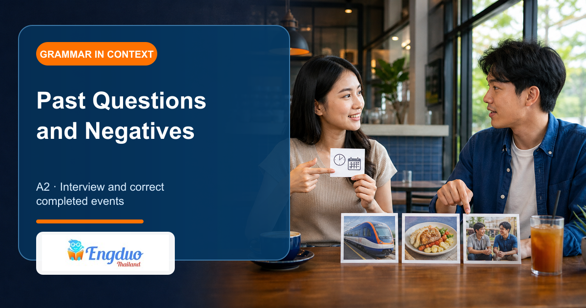 Engduo grammar lesson cover showing learners interviewing each other about a completed past event
