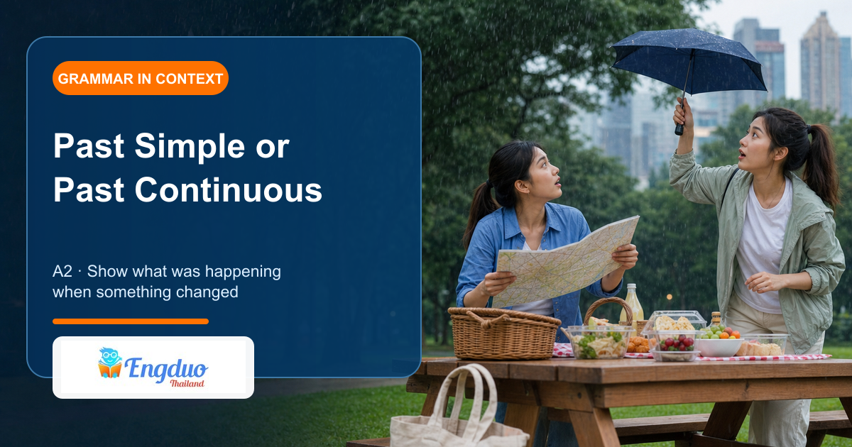 Engduo grammar lesson cover showing a background action interrupted by a completed event