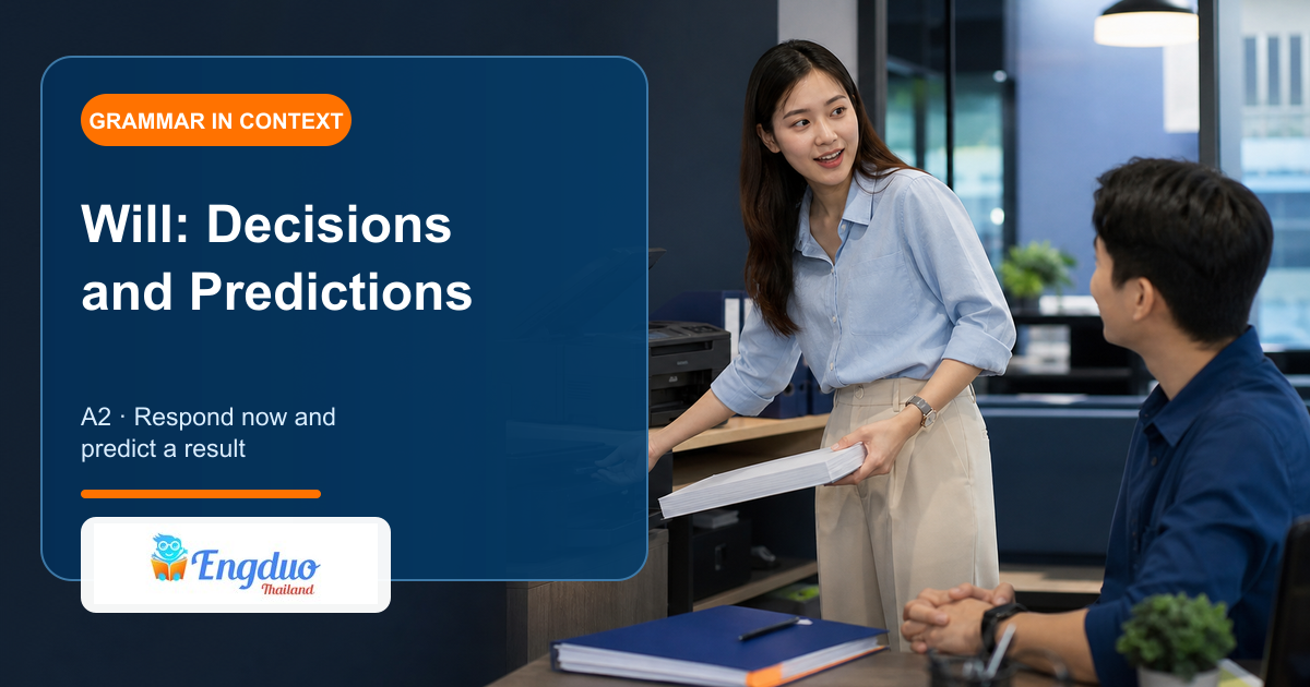 Engduo grammar lesson cover showing learners responding to a practical problem and predicting a future result