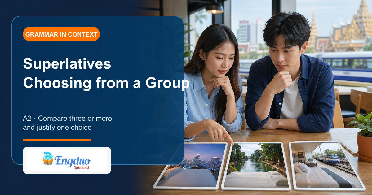 Engduo grammar lesson cover showing learners comparing three travel options before choosing one
