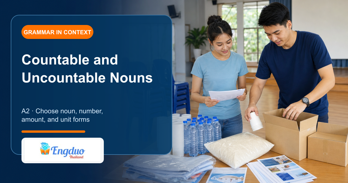 Engduo grammar lesson cover showing learners checking countable items and uncountable supplies