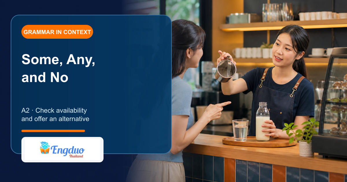 Engduo grammar lesson cover showing a café availability check and an offered alternative