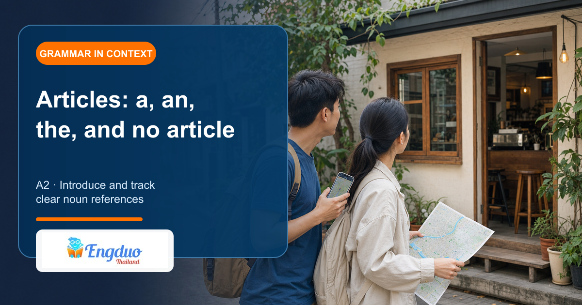Engduo grammar lesson cover showing a learner introducing and then identifying a specific café on a map