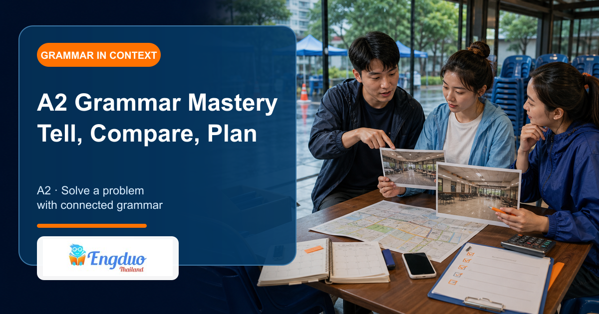 Engduo grammar mastery cover showing learners solving a practical problem through comparison planning and advice