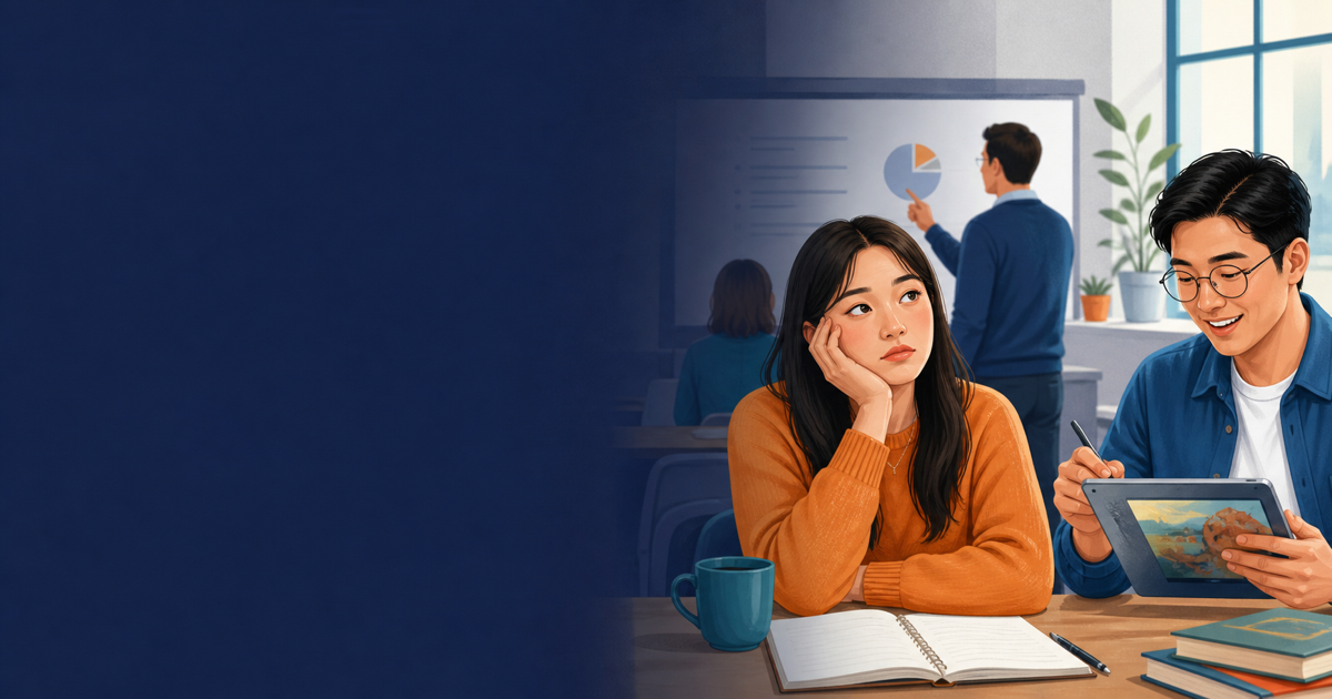 An adult learner looks bored during a presentation while a classmate enjoys a creative activity