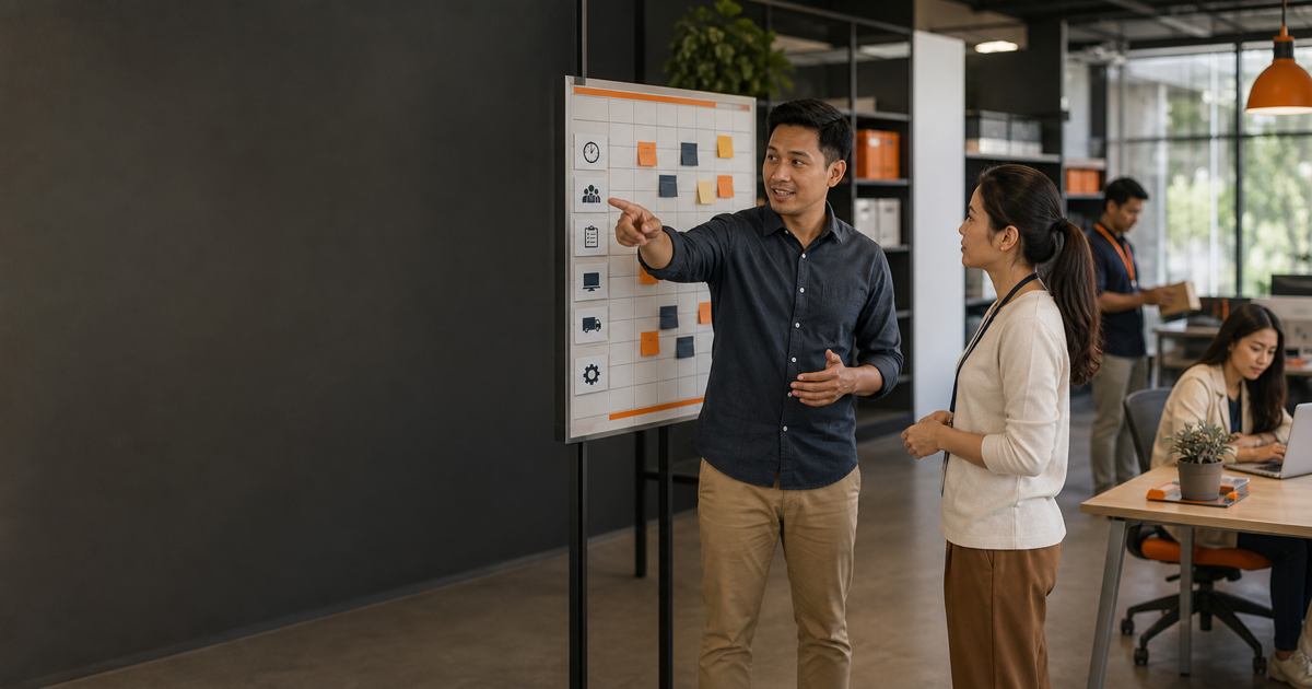 A supervisor explains duties and a work schedule to an employee in a modern workplace