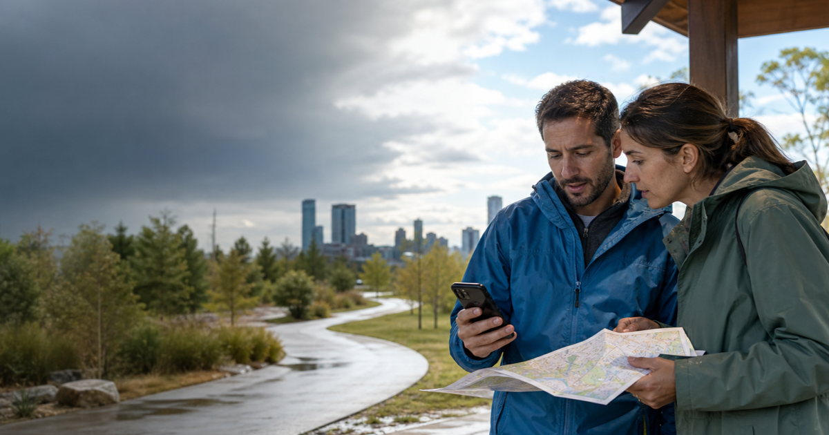 Two walkers compare a weather forecast and park map after rain