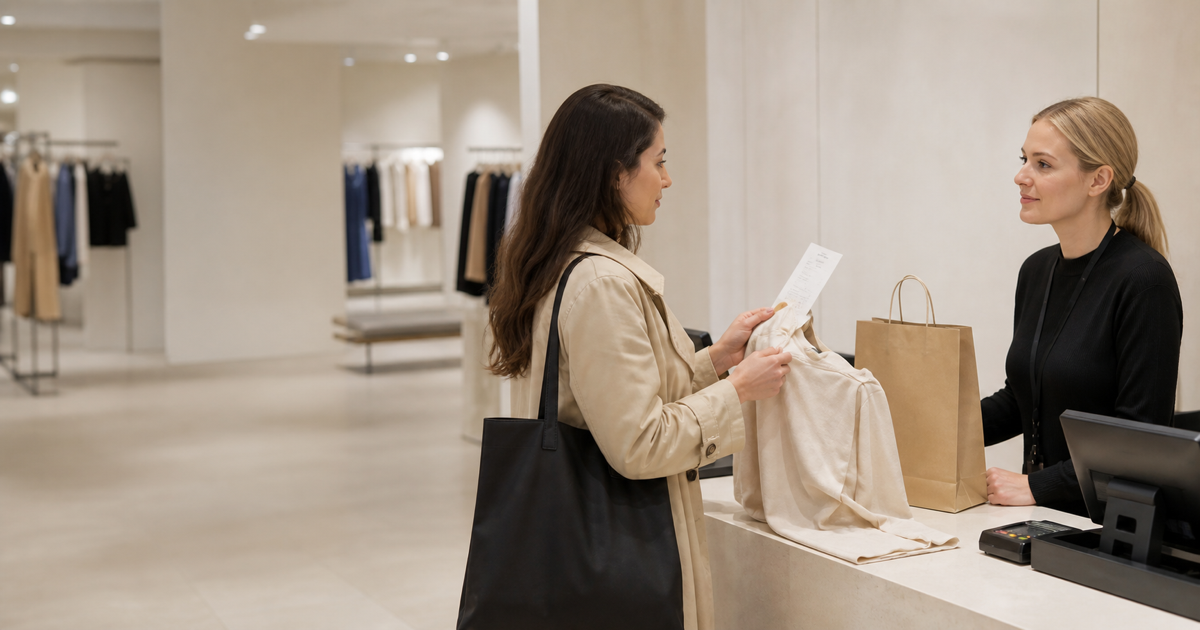 A customer calmly returns a clothing item to a retail assistant