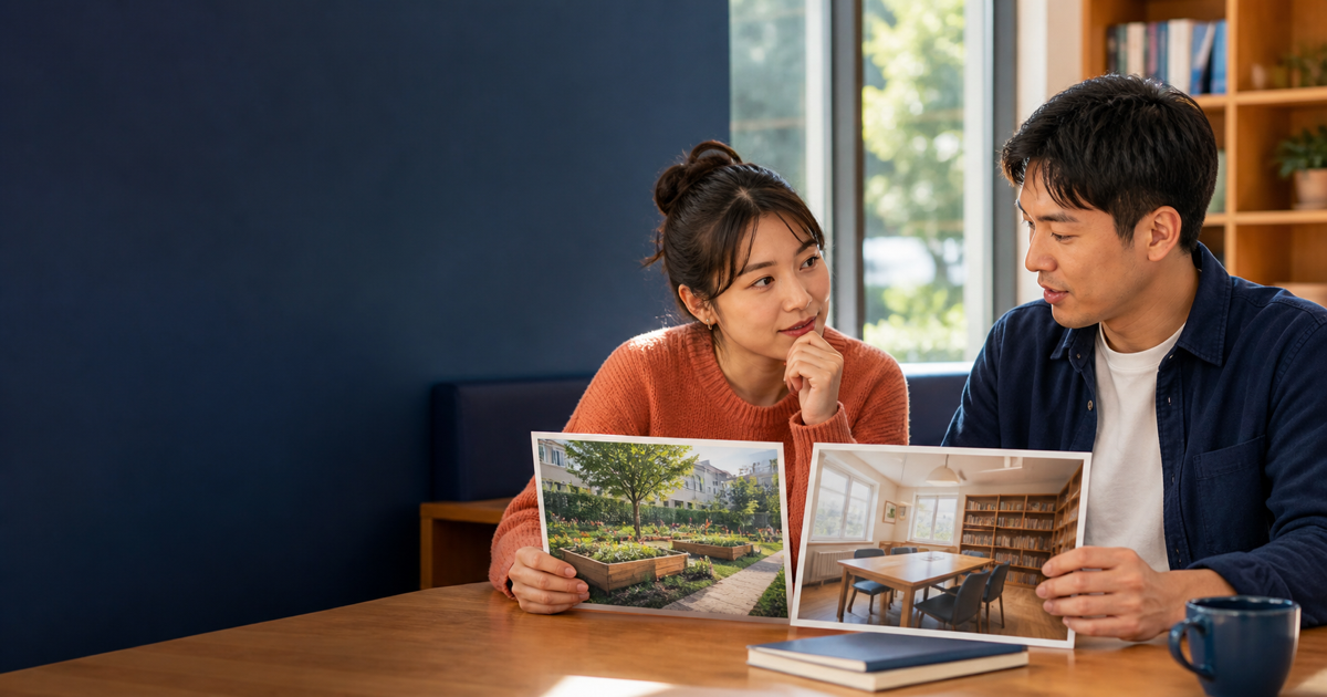 Two adult learners compare a community garden and a shared study room before agreeing on one idea