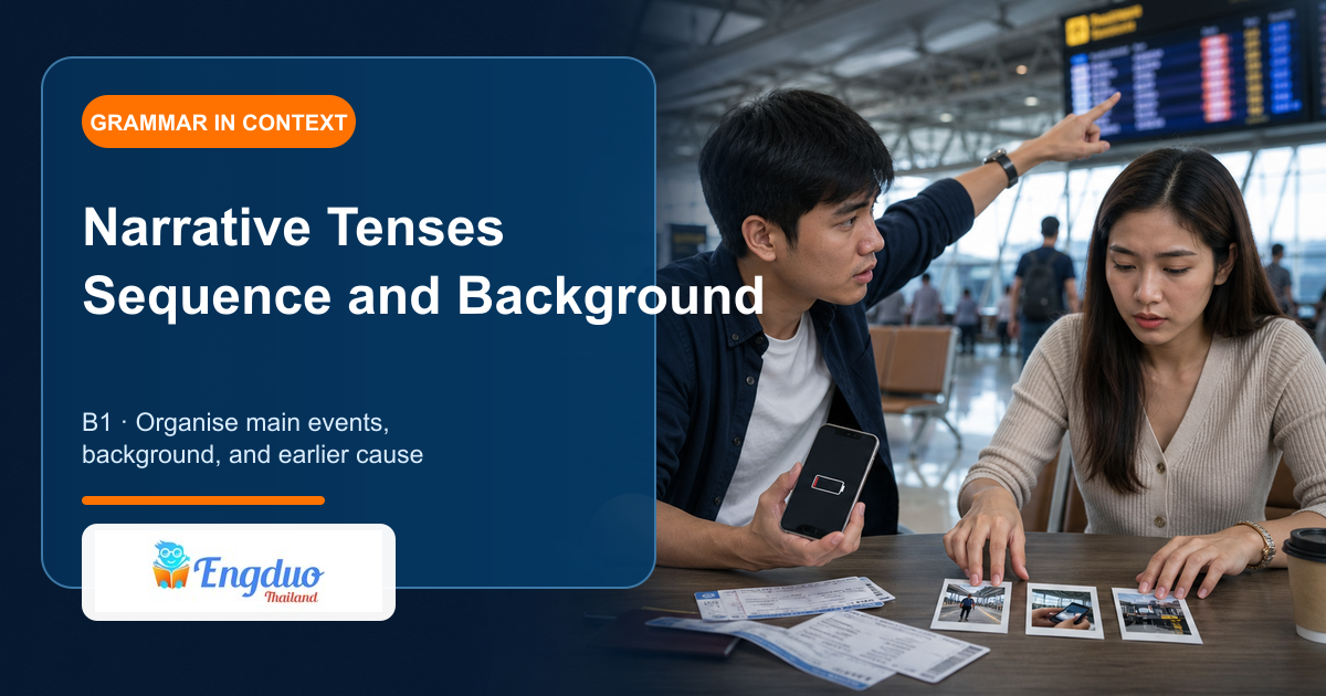 Engduo B1 grammar lesson cover showing adults reconstructing a travel problem from event cards and background evidence