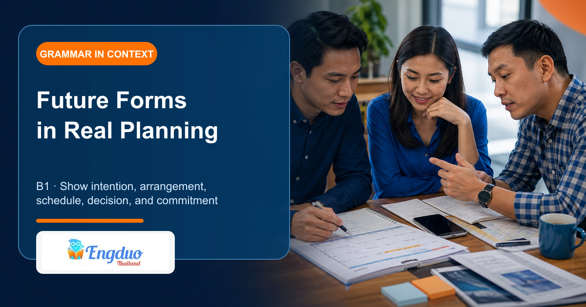 Engduo B1 grammar lesson cover showing learners sorting intentions arrangements schedules decisions promises and predictions into one practical plan