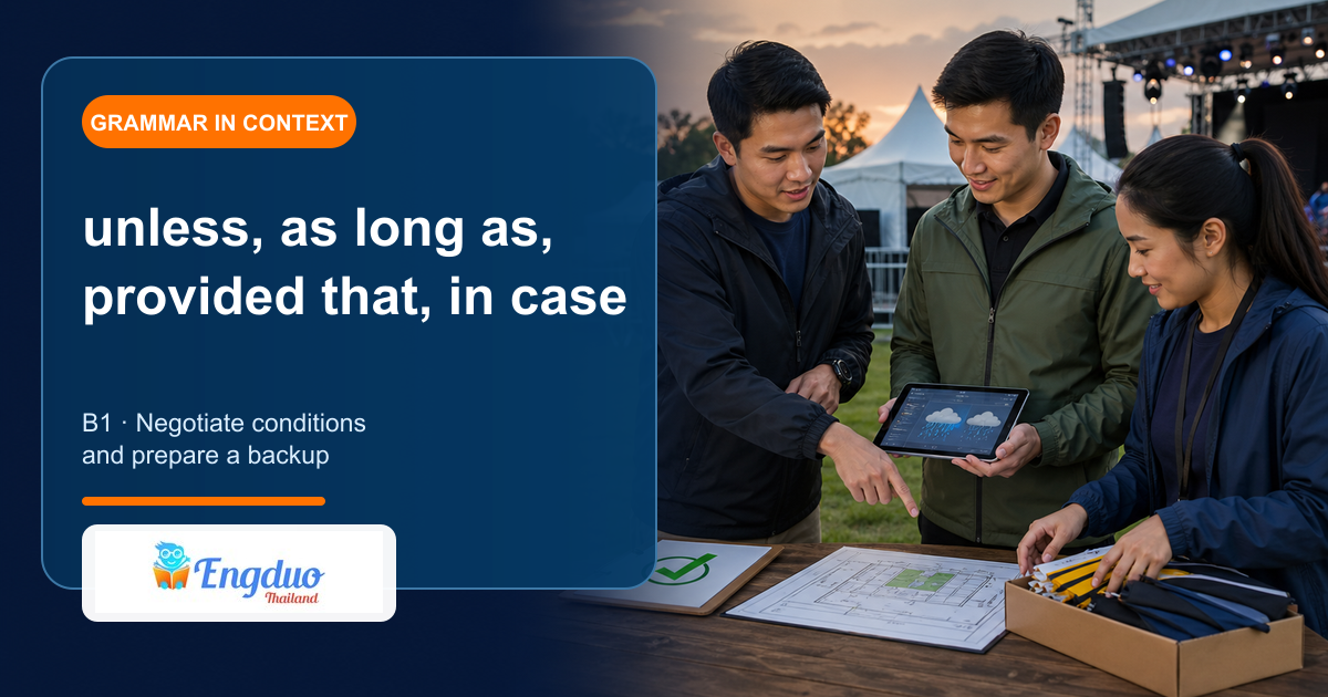 Engduo B1 grammar lesson cover showing adults negotiating conditions requirements and backup plans