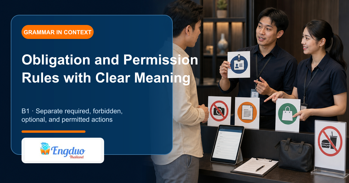 Engduo B1 grammar lesson cover showing adults clarifying workplace rules optional actions and permission