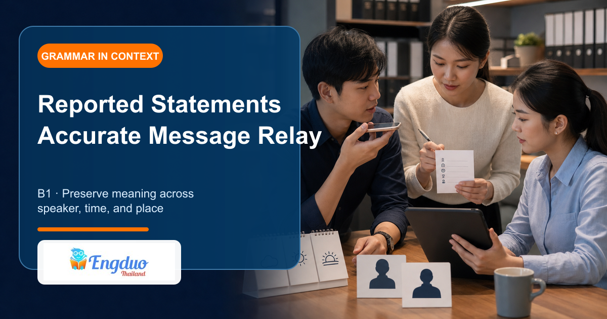 Engduo B1 grammar lesson cover showing adults relaying an important spoken message from one person to another