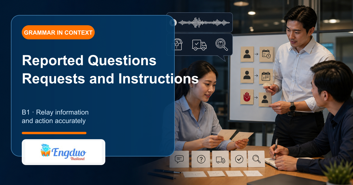 Engduo B1 grammar lesson cover showing adults relaying questions requests and action instructions