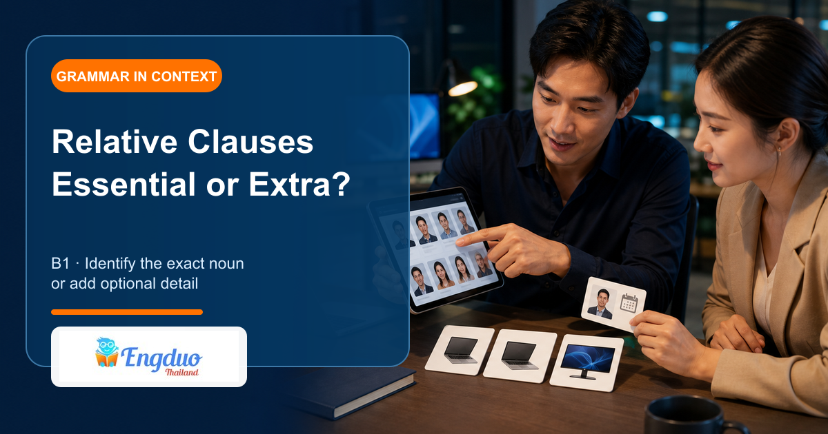 Engduo B1 grammar lesson cover showing adults identifying people and objects from essential and extra clues